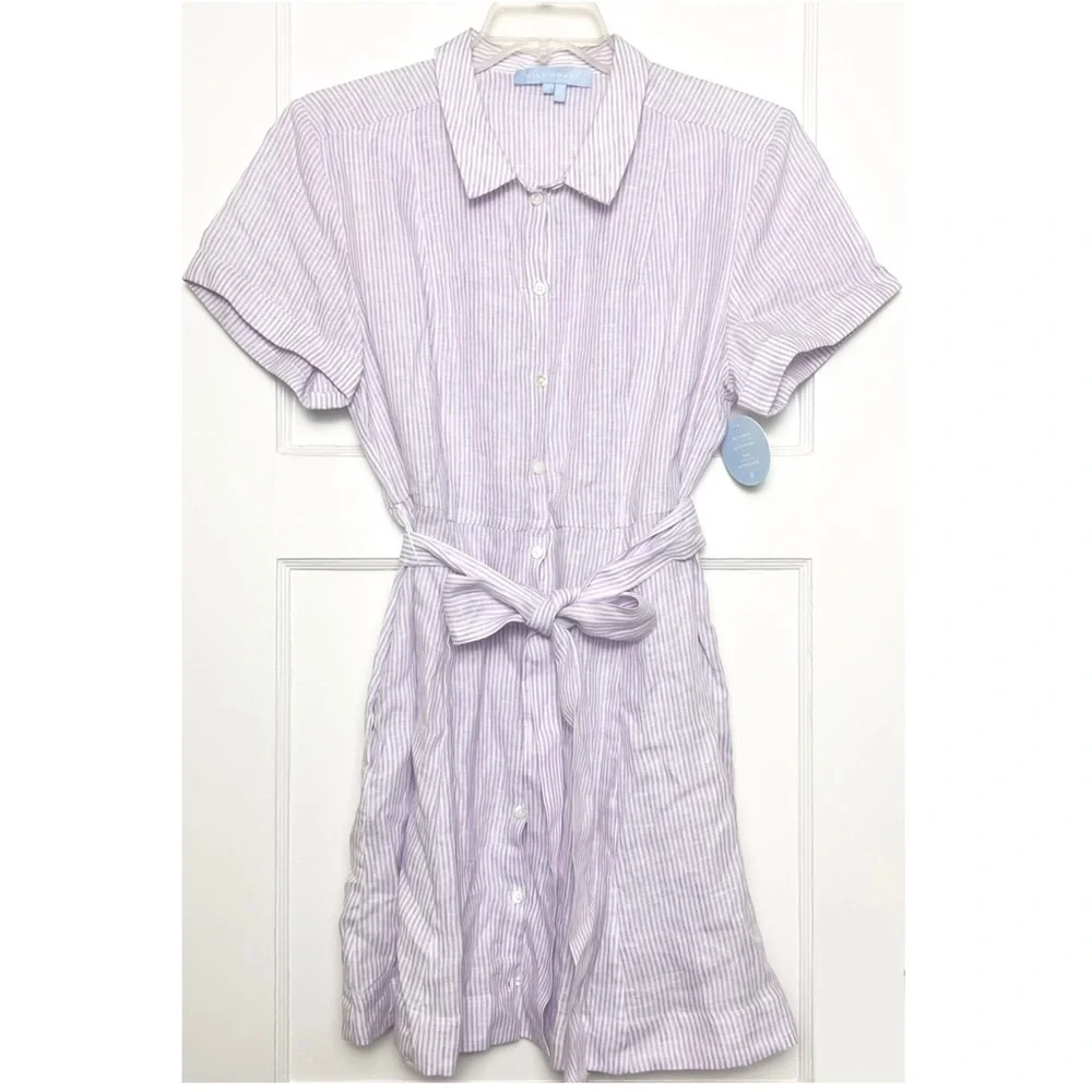 NWT HILL HOUSE Linen Lilac Stripe Short Sleeve Tie Waist Button Up Shirt Dress L - Picture 3 of 8